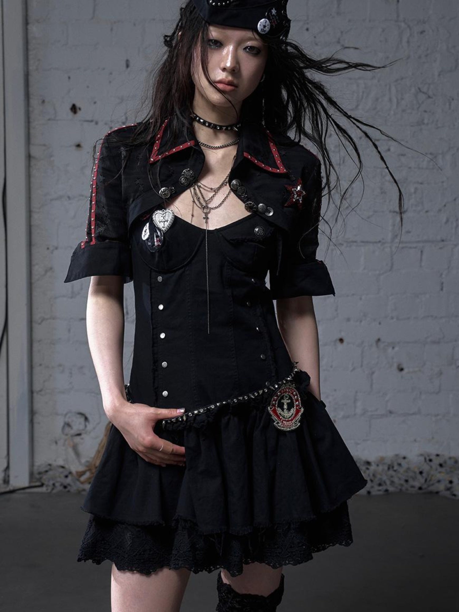 NO ROMANCE Punk Gothic Lace Trim Mini Puff Dress