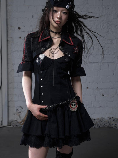 NO ROMANCE Punk Gothic Lace Trim Mini Puff Dress