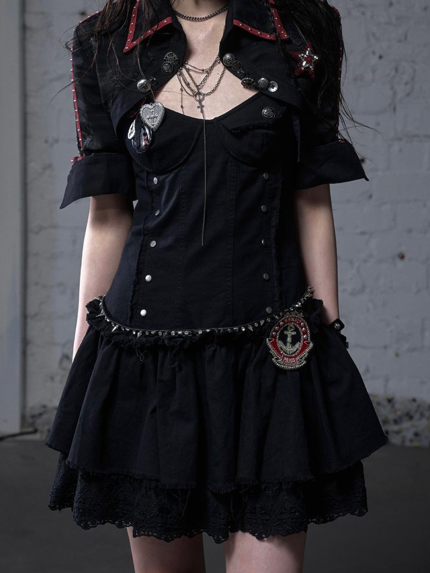 NO ROMANCE Punk Gothic Lace Trim Mini Puff Dress