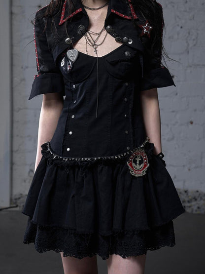 NO ROMANCE Punk Gothic Lace Trim Mini Puff Dress