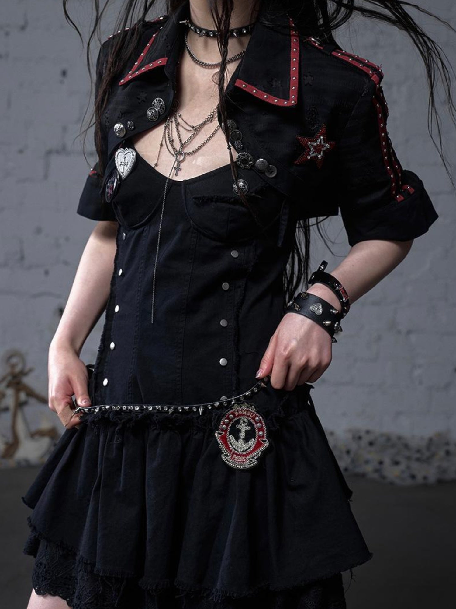 NO ROMANCE Punk Gothic Lace Trim Mini Puff Dress