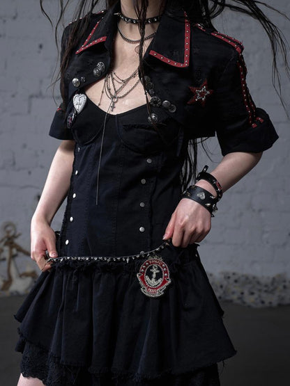 NO ROMANCE Punk Gothic Lace Trim Mini Puff Dress