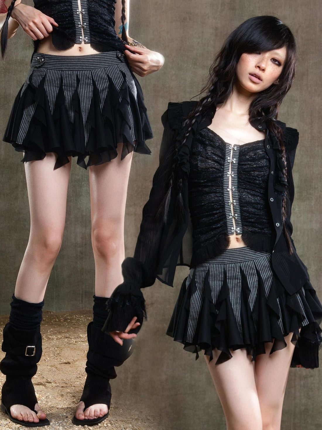 ARIADNAw Punk Gothic Pleated Asymmetrical Low Waist Skirt