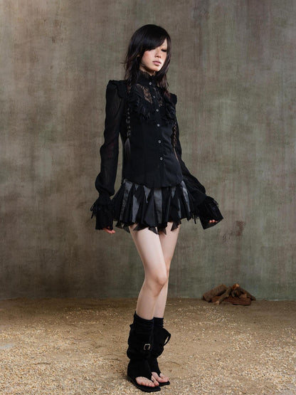 ARIADNAw Punk Gothic Pleated Asymmetrical Low Waist Skirt