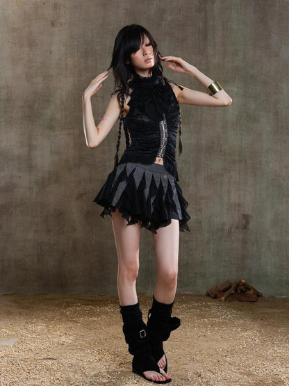 ARIADNAw Punk Gothic Pleated Asymmetrical Low Waist Skirt