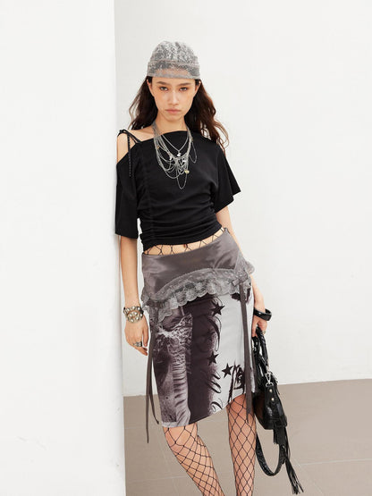 2th Desire Punk Graffiti Polka Dot Floral Lace Bow Mermaid Midi Skirt
