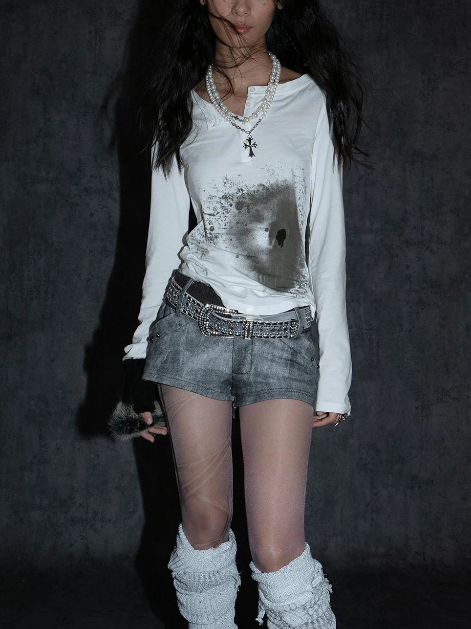 Punk Graphic Long Sleeve T-Shirt For Women Cotton Abstract Print Tee