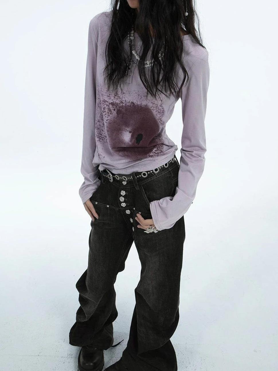 Punk Graphic Long Sleeve T-Shirt For Women Cotton Abstract Print Tee