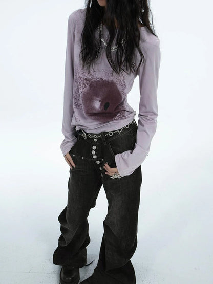 Punk Graphic Long Sleeve T-Shirt For Women Cotton Abstract Print Tee