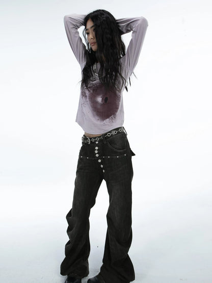 Punk Graphic Long Sleeve T-Shirt For Women Cotton Abstract Print Tee