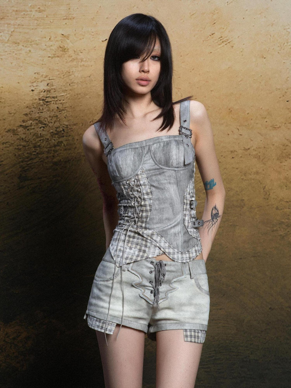 ARIADNAw Punk Grid Mesh Corset Bralette Top Streetwear Niche