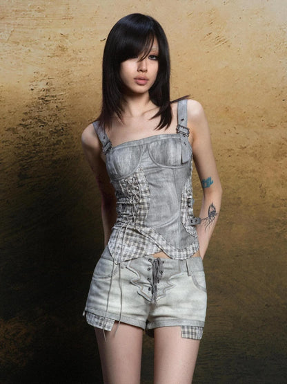 Punk Grid Mesh Corset Bralette Top Streetwear Niche