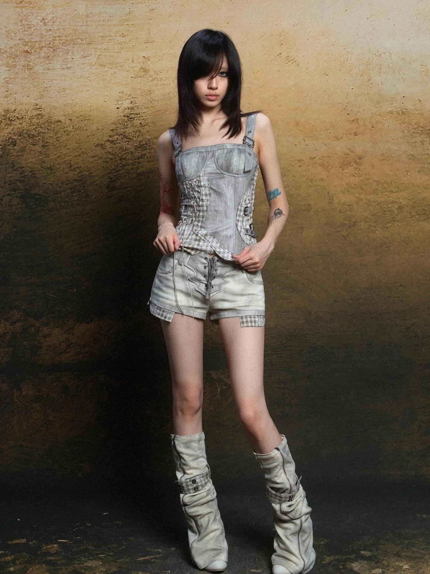 Punk Grid Mesh Corset Bralette Top Streetwear Niche