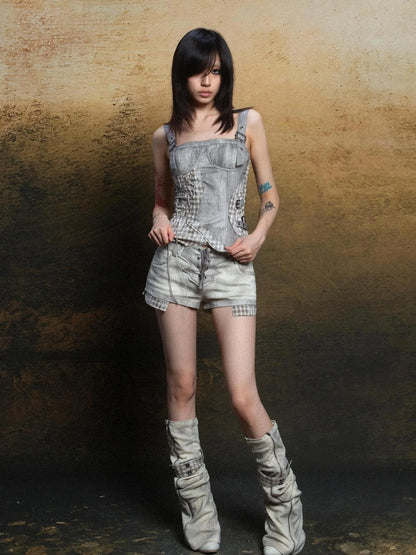 Punk Grid Mesh Corset Bralette Top Streetwear Niche