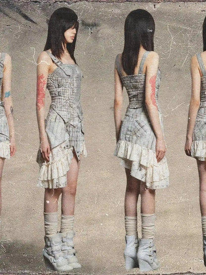 Punk Grid Mesh Corset Bralette Top Streetwear Niche