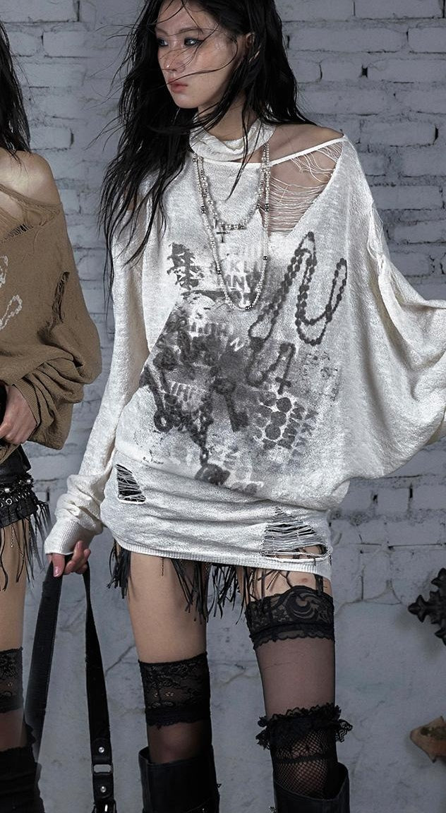NO ROMANCE Punk Grunge Royal Print Off-Shoulder Knit Top