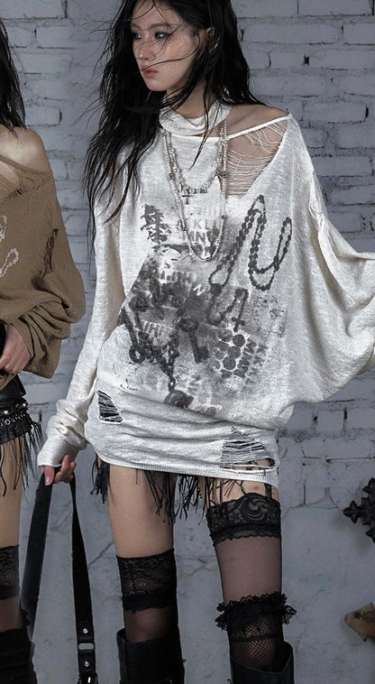 NO ROMANCE Punk Grunge Royal Print Off-Shoulder Knit Top