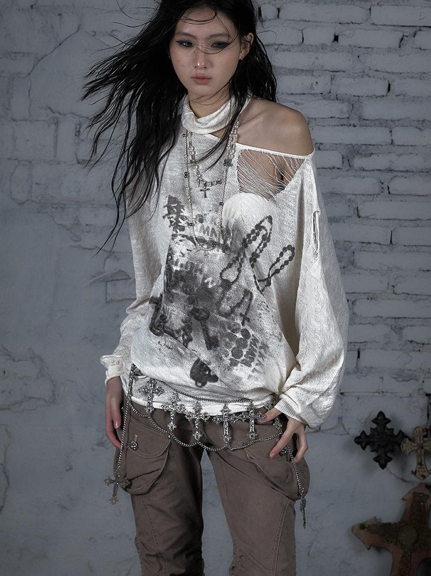 NO ROMANCE Punk Grunge Royal Print Off-Shoulder Knit Top