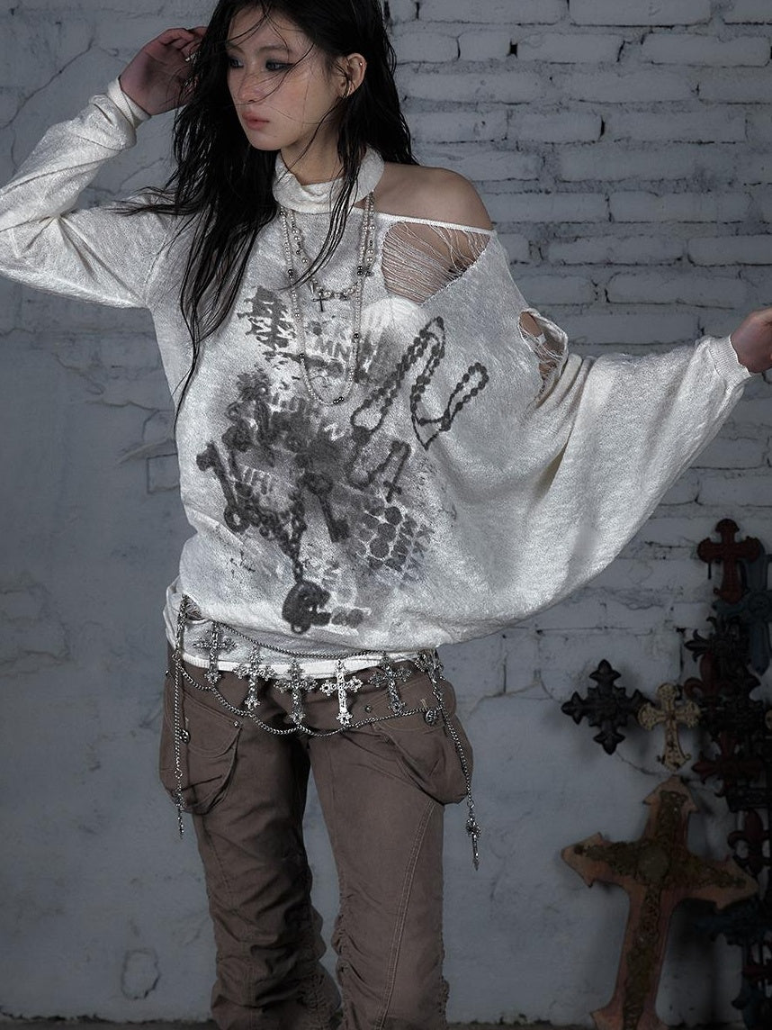NO ROMANCE Punk Grunge Royal Print Off-Shoulder Knit Top