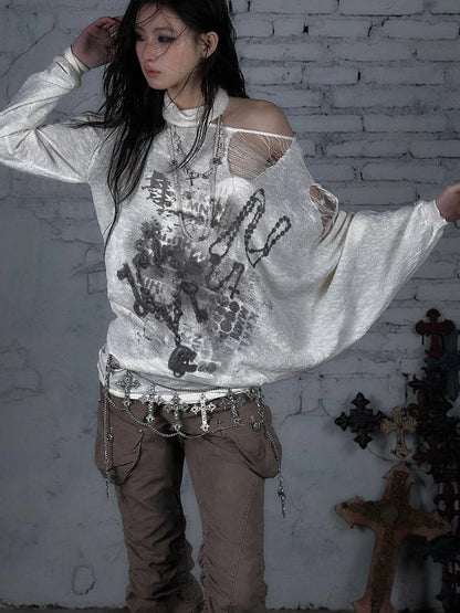 Punk Grunge Royal Print Off-Shoulder Knit Top
