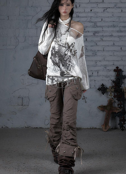 NO ROMANCE Punk Grunge Royal Print Off-Shoulder Knit Top