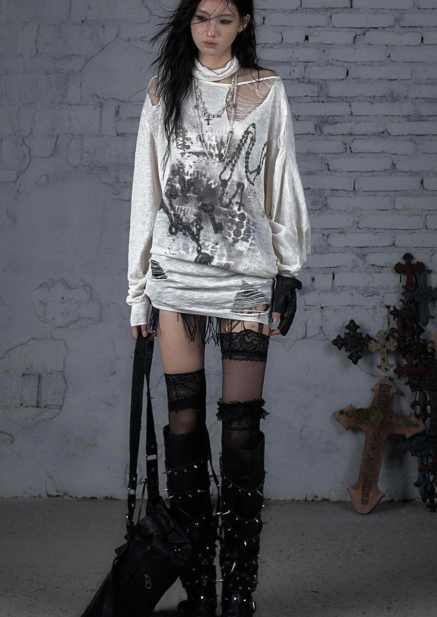 NO ROMANCE Punk Grunge Royal Print Off-Shoulder Knit Top