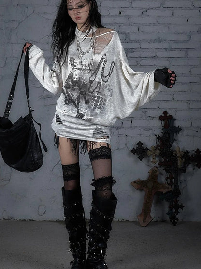 Punk Grunge Royal Print Off-Shoulder Knit Top