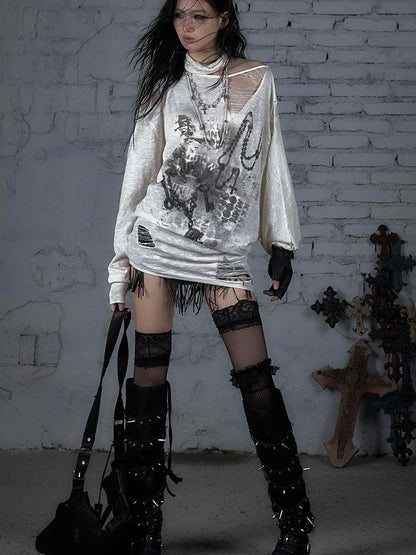 NO ROMANCE Punk Grunge Royal Print Off-Shoulder Knit Top