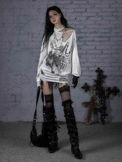 Punk Grunge Royal Print Off-Shoulder Knit Top