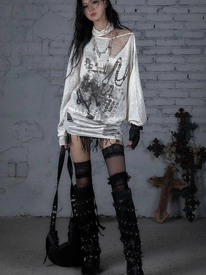 Punk Grunge Royal Print Off-Shoulder Knit Top
