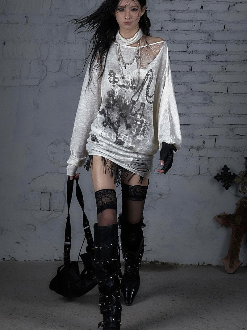 NO ROMANCE Punk Grunge Royal Print Off-Shoulder Knit Top