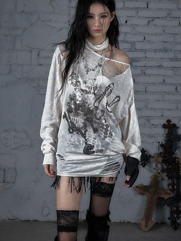 NO ROMANCE Punk Grunge Royal Print Off-Shoulder Knit Top