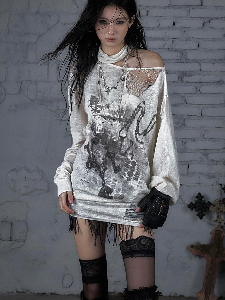 NO ROMANCE Punk Grunge Royal Print Off-Shoulder Knit Top