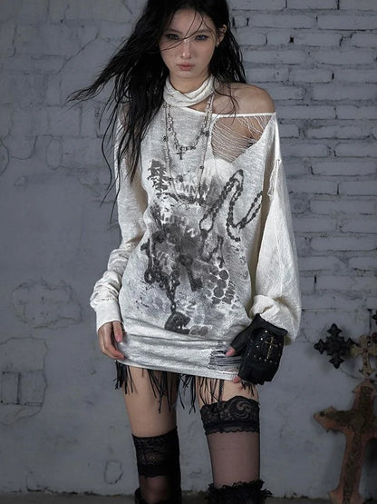 Punk Grunge Royal Print Off-Shoulder Knit Top