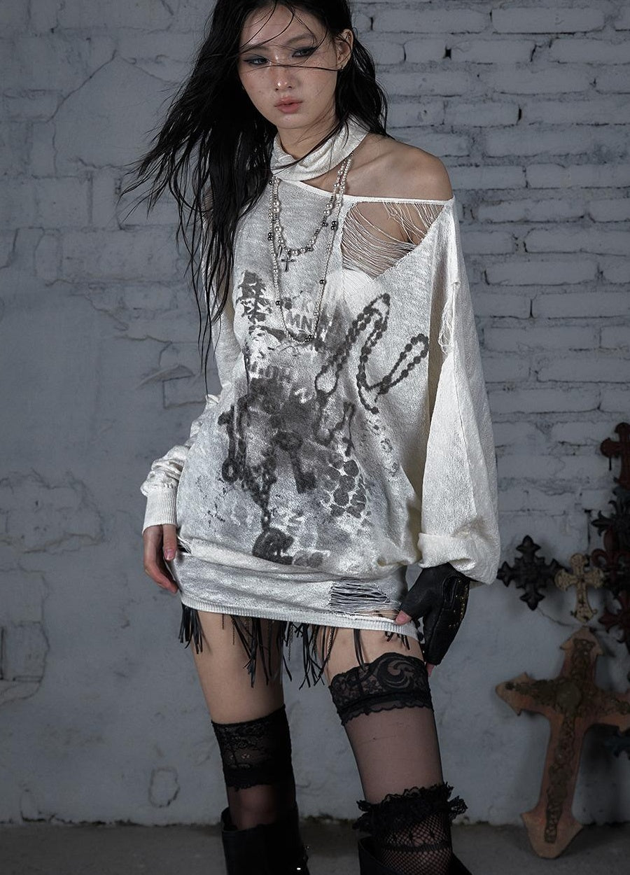 NO ROMANCE Punk Grunge Royal Print Off-Shoulder Knit Top