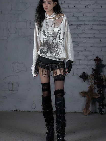 Punk Grunge Royal Print Off-Shoulder Knit Top
