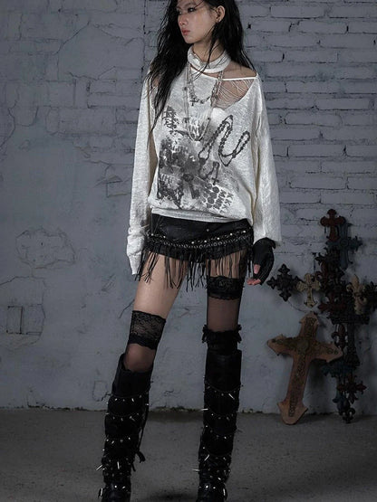Punk Grunge Royal Print Off-Shoulder Knit Top