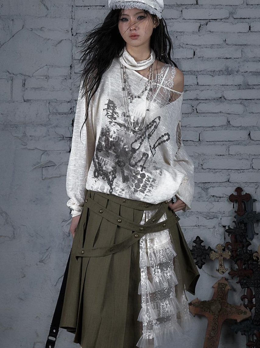 NO ROMANCE Punk Grunge Royal Print Off-Shoulder Knit Top