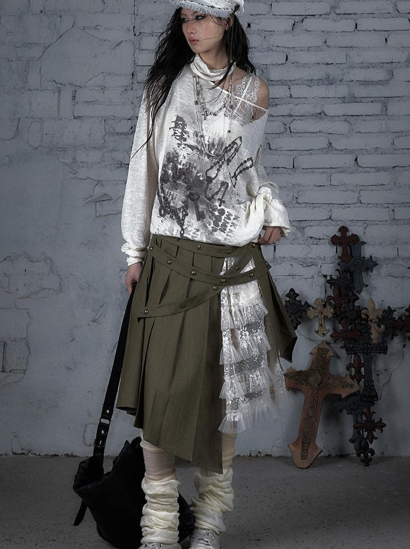 NO ROMANCE Punk Grunge Royal Print Off-Shoulder Knit Top