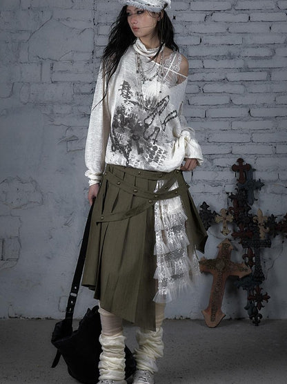 NO ROMANCE Punk Grunge Royal Print Off-Shoulder Knit Top