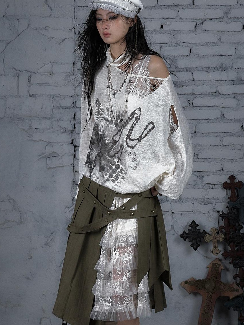 NO ROMANCE Punk Grunge Royal Print Off-Shoulder Knit Top