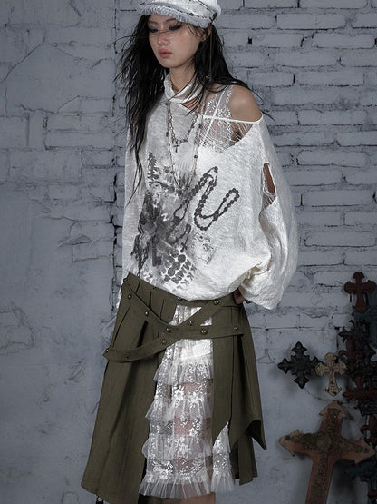 NO ROMANCE Punk Grunge Royal Print Off-Shoulder Knit Top