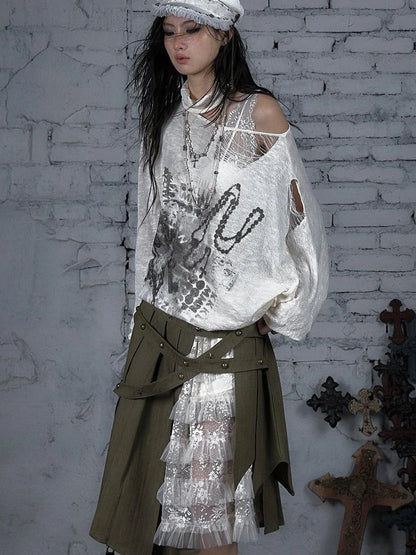 Punk Grunge Royal Print Off-Shoulder Knit Top