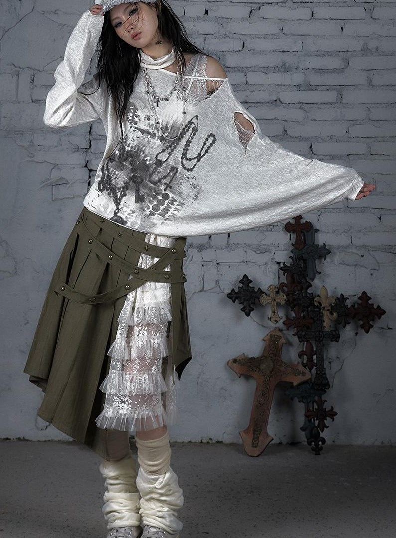 NO ROMANCE Punk Grunge Royal Print Off-Shoulder Knit Top