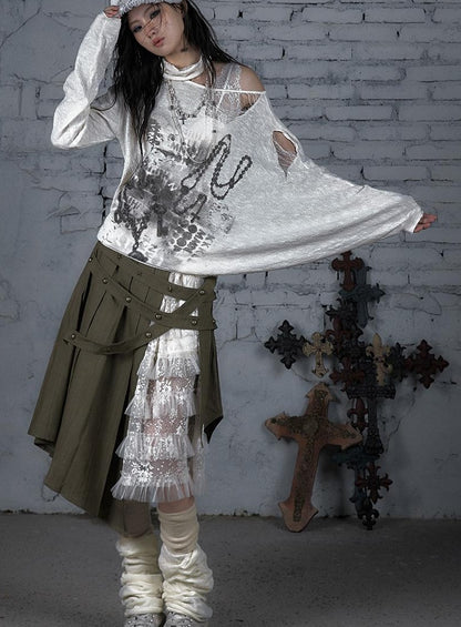 NO ROMANCE Punk Grunge Royal Print Off-Shoulder Knit Top