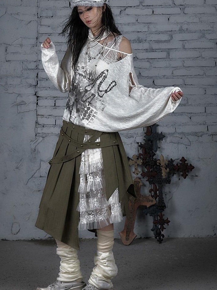 NO ROMANCE Punk Grunge Royal Print Off-Shoulder Knit Top