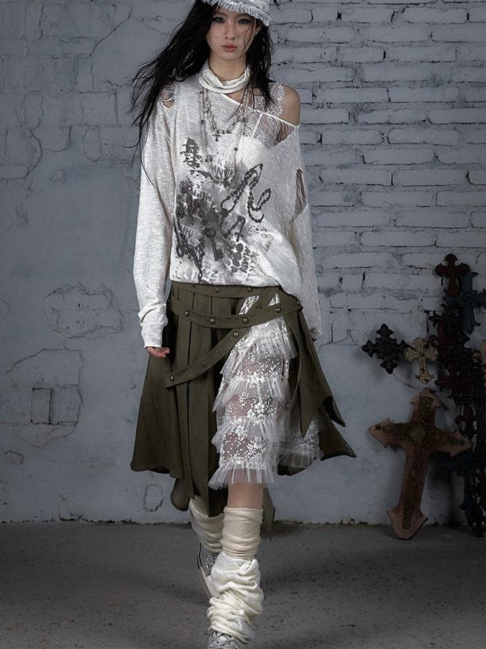NO ROMANCE Punk Grunge Royal Print Off-Shoulder Knit Top
