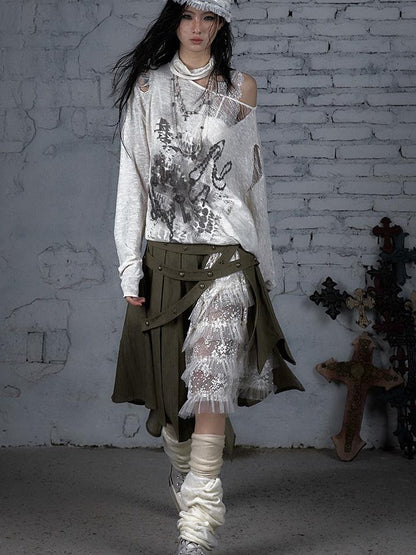 NO ROMANCE Punk Grunge Royal Print Off-Shoulder Knit Top
