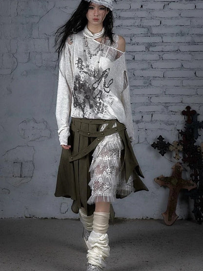 Punk Grunge Royal Print Off-Shoulder Knit Top