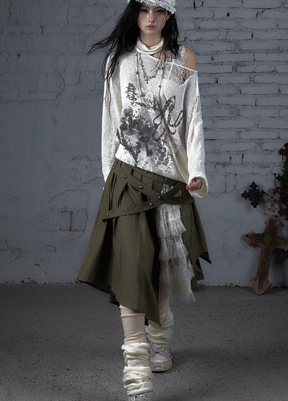 NO ROMANCE Punk Grunge Royal Print Off-Shoulder Knit Top
